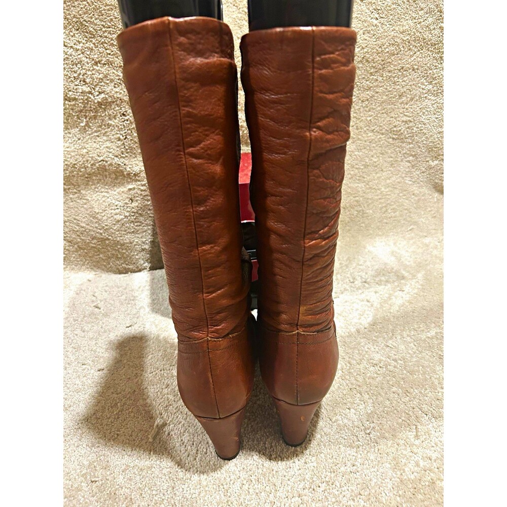 Women's Brown Leather Knee High Slouch Riding Boots Almond Toe Block Heel Sz 9